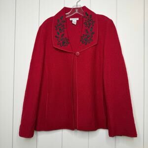 Alexandra Bartlett Red Wool Swing Coat Black Applique Size L